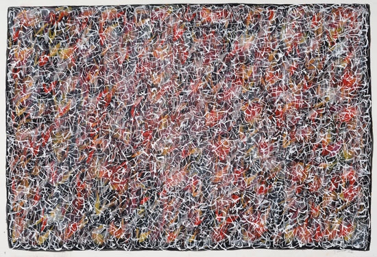 “Tuning Fields 270” by Margaret Garrett, 2012. Acrylic on paper, 26 x 40 inches. 