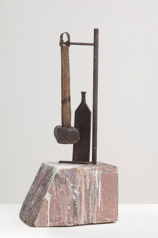 "DB-3 (trio)" by Elaine Grove, 2013. Steel, wood, acrylic paint, 20 x 6 x 10 inches. Photo by Gary Mamay. 