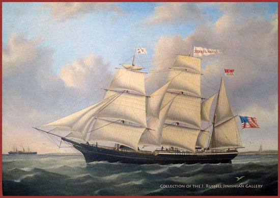 "The Bark James L. Davis on Long Island Sound" by Joseph B. Smith, c. 1857. Oil on canvas, 24 x 36 inches. Courtesy J. Russell Jinishian Gallery, Inc.