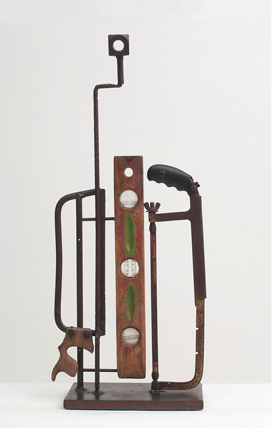 "On the Level" by Elaine Grove, 2010. Steel, wood, plastic, glass, 29 1/2 x 13 x 6 1/2 inches. 