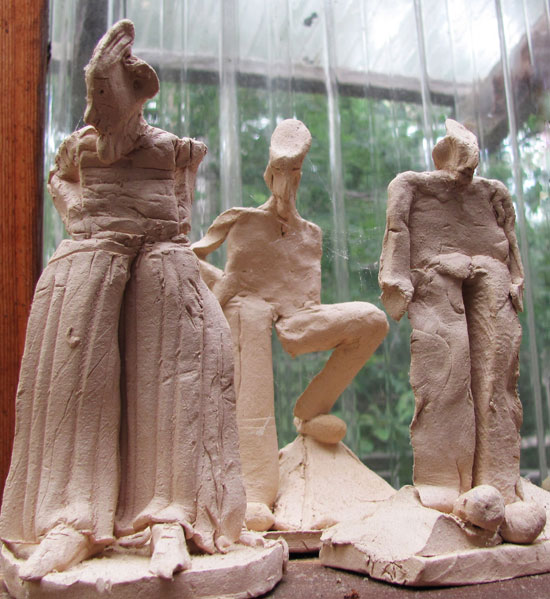 3 clay works in Bill King's studio. Photo by Janet Goleas. 