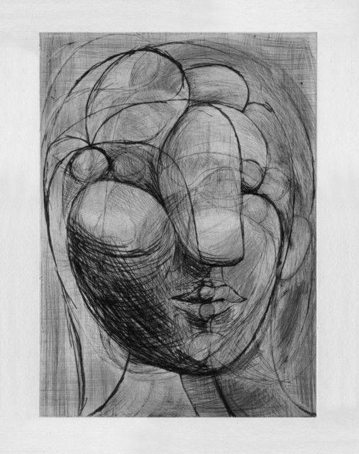 "Tête de Marie-Thérèse" by Pablo Picasso, 1933. From the series Inscribed "16931" on verso lower right, in pencil; "75/53 B250" on verso lower left, in pencil. Drypoint with scraper printed on montval laid paper. Exhibited with John Szoke. Image courtesy of Artsy. 