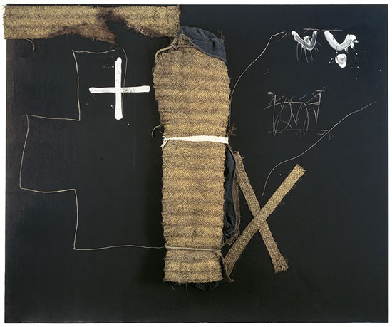 "Embolcall (Wrapping)" by Antoni Tàpies, 1994. Mixed media and assemblage on wood, 98 x 118 inches. Fundació Antoni Tàpies, © Fundació Antoni Tàpies/VEGAP, 2013. 