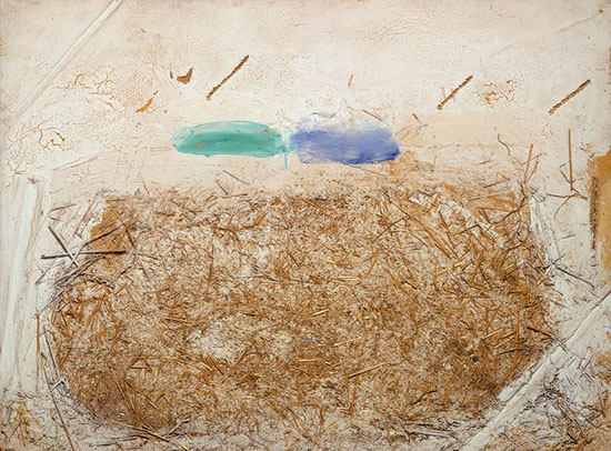 "Verd-blau palla (Green-Blue Straw)" by Antoni Tàpies, 1968. Mixed media on wood, 35 x 46 inches. Fundació Antoni Tàpies, © Fundació Antoni Tàpies/VEGAP, 2013. 