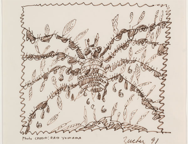 "Subject: Photograph of Black Widow Spider: Tarred & Feathered Outside Plant City, FLA, Sept 19, 1907 (Riverhouse Editions Project)" by Joe Zucker, 1991. Felt-tipped pen on paper, 24 x 18 inches. Parrish Art Museum, Water Mill, New York, Gift of Julia Childs Augur, 2014.10.9.
