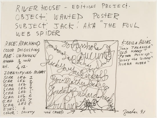 "Object: Wanted Poster; Subject: Jack! AKA "The Foul Web Spider" (Riverhouse Editions Project)" by Joe Zucker, 1991. Felt-tipped pen on paper, 18 x 24 inches. Parrish Art Museum, Water Mill, New York, Gift of Julia Childs Augur, 2014.10.2. 