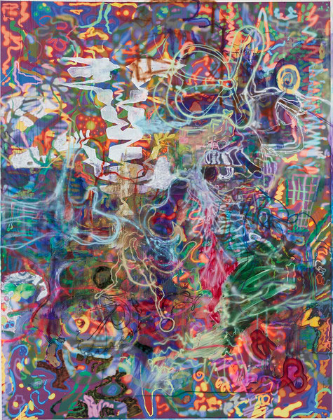 "Scustin What" by Michael Williams, 2015. Inkjet, airbrush, acrylic, oil on canvas, 98.5 x 78 inches. 