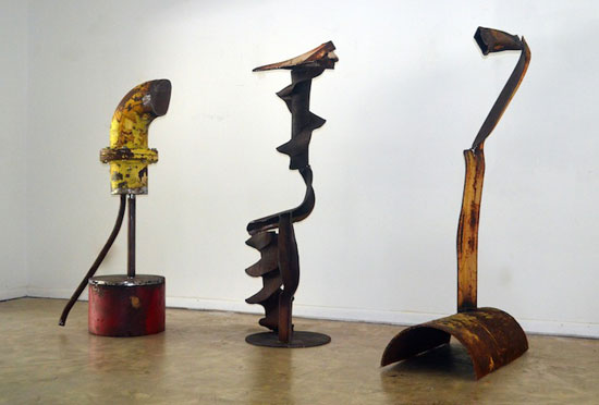 Jonas Stirner, "Grounded," 2014, steel, 60 x 25 x 18 inches; "Auger," 2006, steel, 67 x 26 x 20 inches; "Clarity," 2014, steel, 67 x 33 x 18 inches, Courtesy of the Artist.