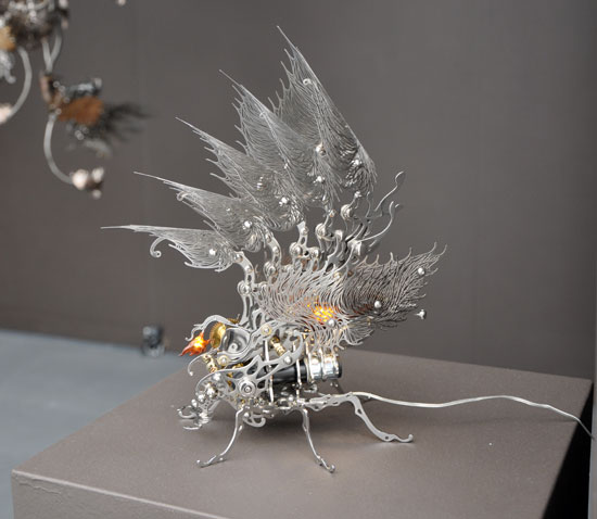 “Silver Insecta Lamp” by Choe U- Ram, 2013. Metallic material, machinery, electronic device (CPU board, motor, LED), magnet, 11.4 x 5.9 x 5.9 inches. Exhibited with Gallery Hyundai. Photo by Sage Cotignola. 