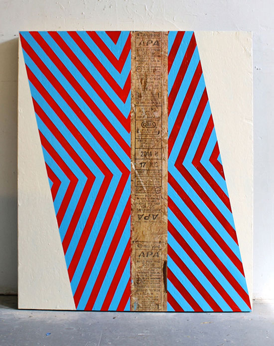 "Utah III" by Matthew King, 2014. Enamel, lacquer, acrylic on Oriented Strand Board (OSB), 48 x 30 x 3 inches.
