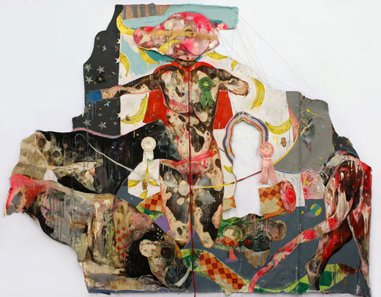 "Exhibit" by Lavar Munroe, 2015. Acrylic, spray paint, latex house paint, fabric paint, tennis ball, rope, button, staples, band- aids, award ribbons, string, thread, and found fabric on cut canvas. 292 x 231 cm / 114.96 x 90.94 inches. Courtesy of NOMAD Gallery. 