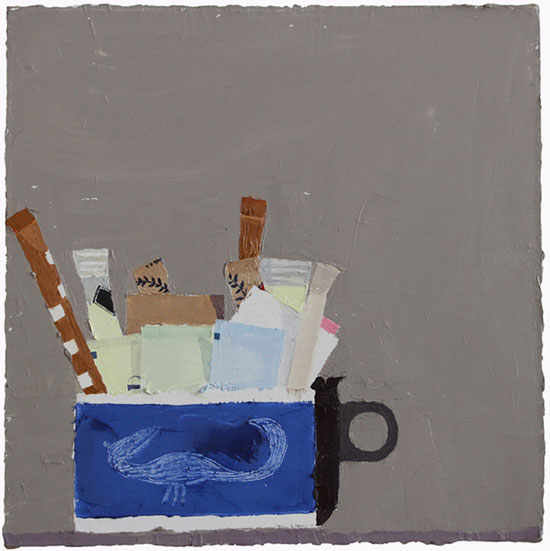 "Still Life with Sugar Packets and Cup # 1" by Sydney Licht, 2015. Oil on linen, 12 x 12 inches. 