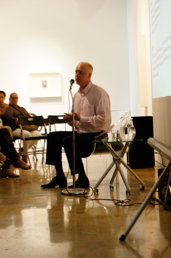 Ed Winkleman speaking at Emerson Dorsch gallery. 
