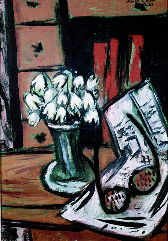 "Snowdrops" by Max Beckmann, 1933. Oil on canvas, 10 1/2 x 13 3/4 inches. Caroline and Stephen Adler.