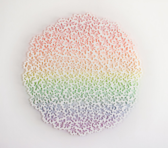 "Glow" by Jen Stark, 2013. Aluminum, powder coat, acrylic, 48 inch diameter.