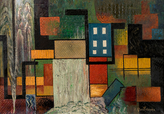 "Mill Town" by Irene Rice Pereira, 1940. Oil on canvas, 12 1/2 x 18 inches. 