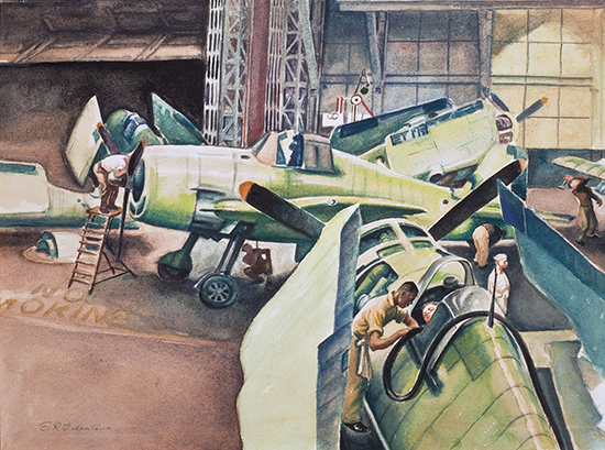 "Fueling Up, Grumman Aircraft Plant," Bethpage, Long Island by Daniel Celentano, 1942. Watercolor on paper, 18 1/2 x 23 3/4 inches. 