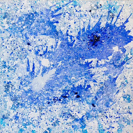 © J. Steven Manolis – “Splash White & Blue, 2015.01”, acrylic on canvas, 50 x 50 inches, framed 52 x 52 inches.