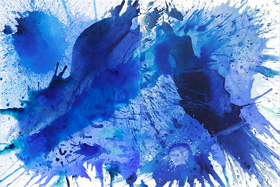 © J. Steven Manolis – “Blue Land Splash 2015.04”, acrylic on canvas, 48 x 72 inches, 2 panels 48 x 36 incheseach