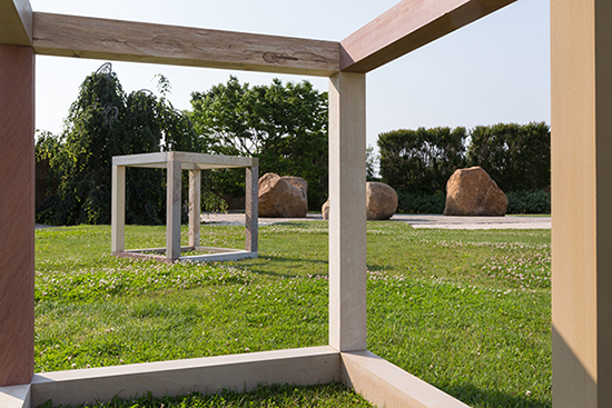 Front: "See the sky about to rain" by Anya Gallaccio, 2014. Limestone, Sandstone, 45 3/4 x 45 3/4 x 45 3/4 inches. Back: "Distance Equals Rate Times Time" by Anya Gallaccio, 2014. Limestone, Sandstone, 45 3/4 x 45 3/4 x 45 3/4 inches. Photo by Jenny Gorman.