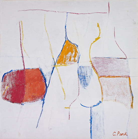 "Amaranth" by Charlotte Park, 1975. Acrylic and oil crayon on canvas, 16 x 16 inches. 
