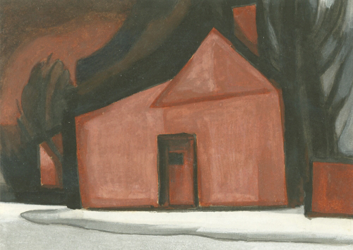 "Red Shack, Dwelling" by Oscar Bluemner, 1933. Gouache, 4 x 6 inches.
