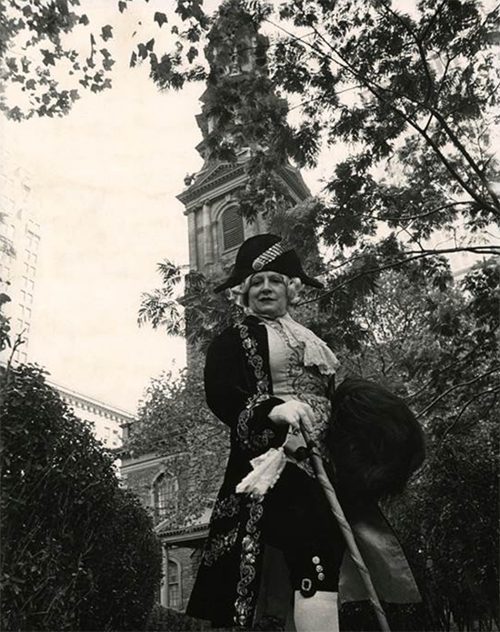Editta Sherman posed at St. Paul’s Chapel built 1766-96 Broadway at Vesey. Photograph by Bill Cunningham. 