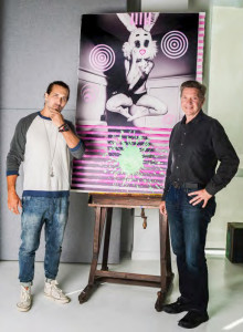 Fred Love and J. Steven Manolis in front of their artwork, “Bunny Riposte, 2015.01”, mixed medium on paper, 60 x 44 inches. © LOVEMANOLIS.