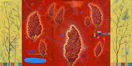 "Sumac Energy Field" by Scott McIntire, 2012. Enamel on canvas, 36 x 60 inches. 