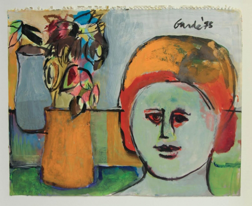 "Round Head with Still Life" by Harold Garde, 1975. Acrylic on Paper 18 x 21 inches. 