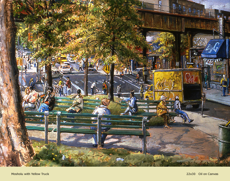 "Mosholu with Yellow Truck" by Daniel Hauben. Oil on canvas, 22 x 30 inches.