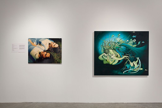 "Ars Memoria; Selections from the Permanent Collection." MOCA gallery installation, left: Anna Gaskell, "Untitled # 8 (wonder)," 1996, C-Print, 30 x 40 inches, Museum purchase with funds from the Janet and Robert Liebowitz Acquisitions Fund Right: Inka Essenhigh, "Romantic Painting," 2002,Oil on panel, 52 x 64 inches, Museum purchase with funds provided by Victoria Hughes and John H. Smith, Carolee and Nathan Reiber, Warren Miro, Jeanne and Michael Klein, and the Pop Soup fundraiser. Photo by Francesco Casale, Courtesy of MOCA North Miami.