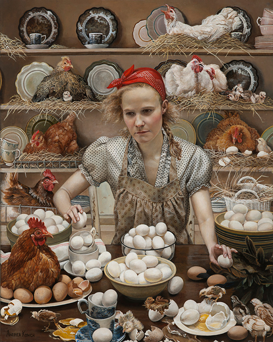 "Pecking Order" by Andrea Kowch. Acrylic on Canvas. Photo by Gary Mamay.