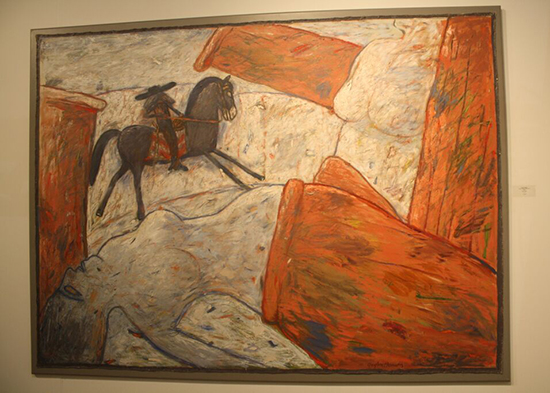 "Kernal Riding Through Ruins" by Gaylen Hansen, 2002. Oil on canvas, 60 x 84 inches.