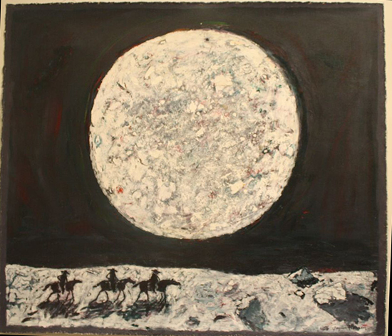 "Moon and Three Riders" by Gaylen Hansen, 2015. Oil on panel, 37 x 43 inches.
