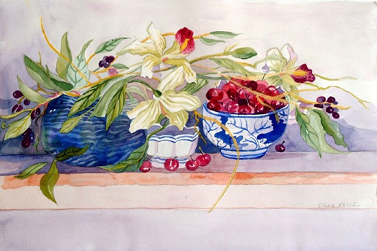 "Blue & White Bowl with Cherries" by Olive Reich. Watercolor. 
