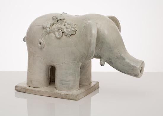 “White Salt Fired Elefants” by Jeffry Mitchell, 2015. Salt fired ceramic, 13 x 13 x 21 inches each (sold as a pair).