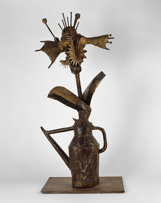 "Flowery Watering Can" by Pablo Picasso (Spanish, 1881–1973), Paris, 1951-52. Plaster with watering can, metal parts, nails, and wood, 33 11/16 × 16 9/16 × 14 15/16 inches. Musée national Picasso–Paris. © 2015 Estate of Pablo Picasso/Artists Rights Society (ARS), New York.