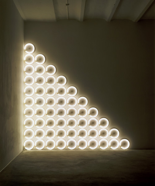 "untitled (to a man, George McGovern) 2" by Dan Flavin, 1972. Warm white fluorescent light, 10 ft. high, 10 ft. wide. CL no. 303. © 2015 Stephen Flavin/Artists Rights Society (ARS), New York.