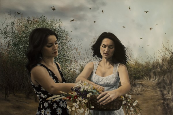 "Chloris and Flora, Against the Wind" by Candice Chovanec. Oil on panel, 24 x 36 inches. Courtesy RJD Gallery.