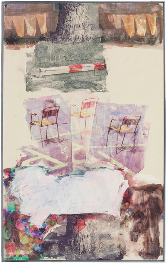 "False Witness [Anagram (A Pun)]" by Robert Rauschenberg, 1998. Inkjet pigment transfer on polylaminate, 96 x 59 1/2 inches. Photo by Kerry Ryan McFate / Pace Gallery ©Robert Rauschenberg Foundation/Licensed by VAGA, New York, NY.