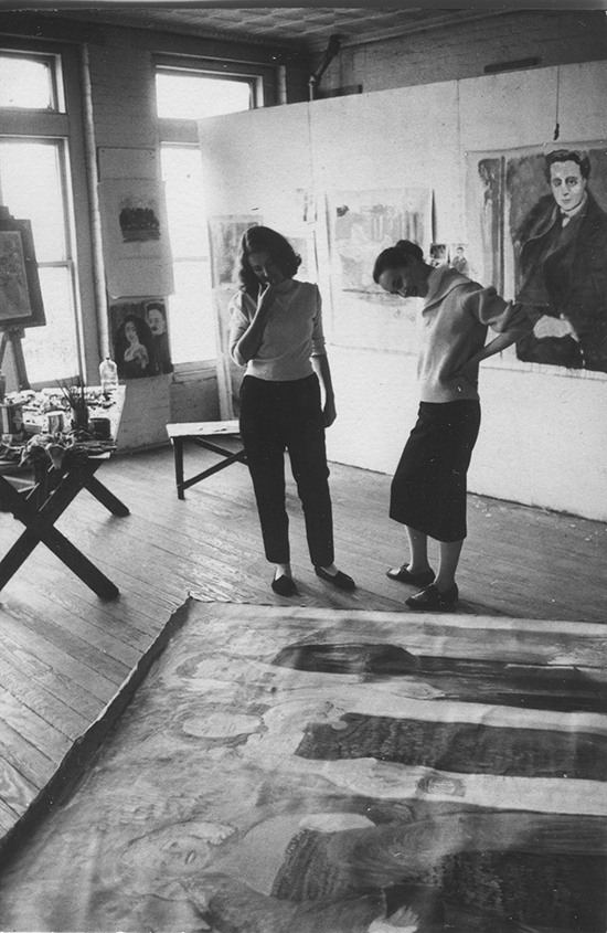 Jane Wilson and Jane Freilicher at Jane Freilicher’s studio in Hoboken, New Jersey. Painting, by Jane Freilicher, is titled "Opening Night."