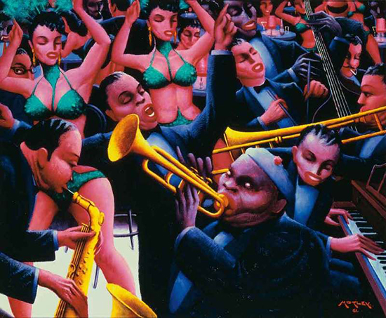 "Hot Rhythm" by Archibald J. Motley Jr., 1961. Oil on canvas, 40 × 48 3/8 inches. Collection of Mara Motley, MD, and Valerie Gerrard Browne. Image courtesy the Chicago History Museum. © Valerie Gerrard Browne