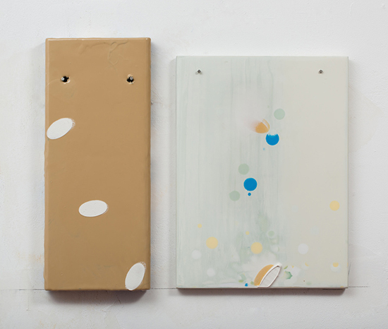 "1968 (Poons)" by George Negroponte, 2012-15. Enamel, house paint and spackle on wood 13 x 16 inches.