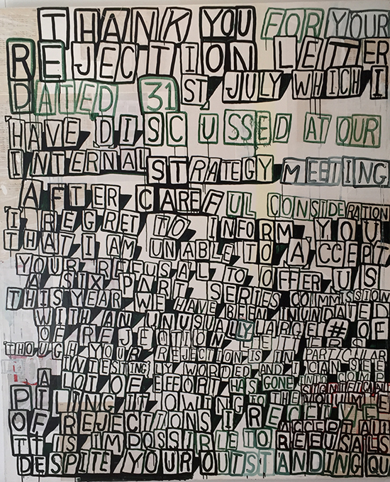 "Rejection Letter" by Graham Gillmore, 2009. Acrylic with collage on paper mounted on canvas. 