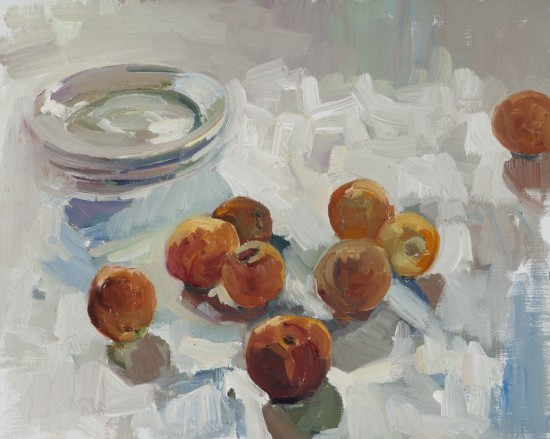 "Scattered Peaches and Stacked Plates" by Maryann Lucas, 2015. Oil on canvas, 16 x 20 inches. Courtesy Grenning Gallery. 