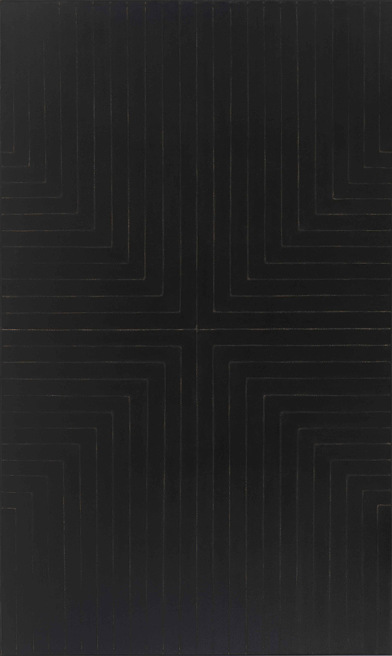 "Die Fahne hoch!" by Frank Stella, 1959. Enamel on canvas. 121 5/8 x 72 13/16 inches. Whitney Museum of American Art, New York; gift of Mr. and Mrs. Eugene M. Schwartz and purchase with funds from the John I. H. Baur Purchase Fund, the Charles and Anita Blatt Fund, Peter M. Brant, B. H. Friedman, the Gilman Foundation, Inc., Susan Morse Hilles, The Lauder Foundation, Frances and Sydney Lewis, the Albert A. List Fund, Philip Morris Incorporated, Sandra Payson, Mr. and Mrs. Albrecht Saalfield, Mrs. Percy Uris, Warner Communications Inc., and the National Endowment for the Arts 75.22. © 2015 Frank Stella/Artists Rights Society (ARS), New York. Digital Image © Whitney Museum, N.Y. 