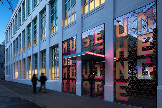New main entrance, Museum of the Moving Image. Designed by Leeser Architecture. Credit: Photo: Peter Aaron/Esto. Courtesy of Museum of Moving Image.