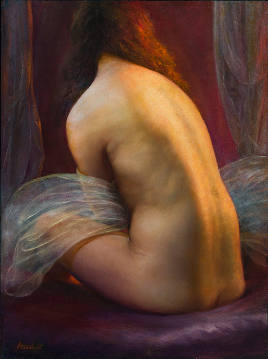 "Seated Bride Holding Veil" by Steven Assael, 2015. oil on board, 23 3/4 x 17 3/4 inches. © Steven Assael, Courtesy of Forum Gallery, New York.