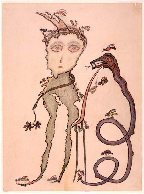 "Untitled" by Heinrich Anton Müller (1869–1930), c. 1927–1929. Colored pencil on drawing paper, 22 5/8 x 16 3/4 inches. Collection de l’Art Brut, Lausanne, Switzerland. Photo © Collection de l’Art Brut, Lausanne, by Claude Bornand. 